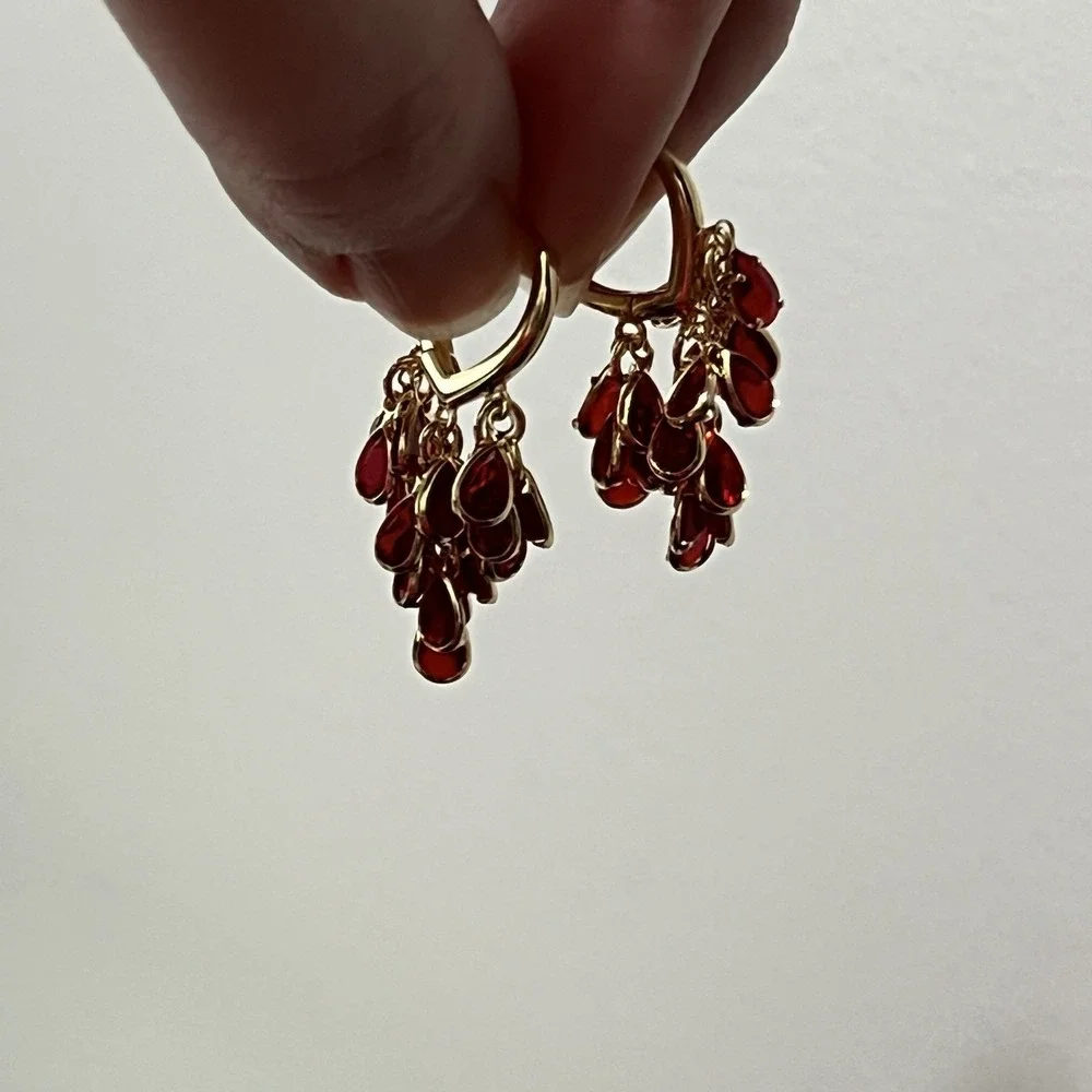 NWT‎ Gold Toned Dangle Earrings Multifaceted Hook Hoop Red Glass
